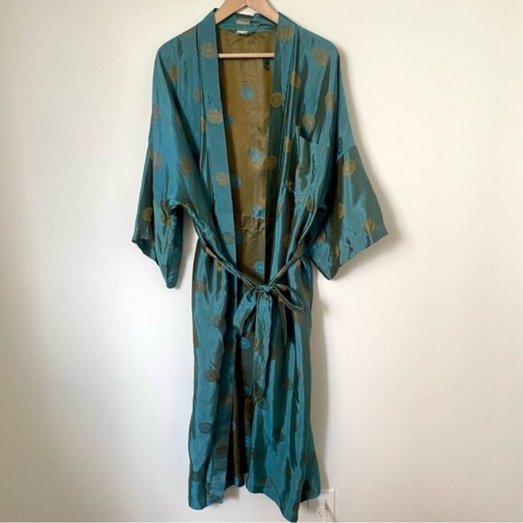 Vintage Y2K Asian 100% Silk Robe Kimono Dressing Gown Tie Waist